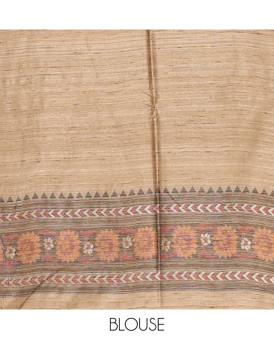 Chikku colorful thread floral buttas woven banarasi jute saree, floral design border, jamdhani-style woven pallu & plain blouse