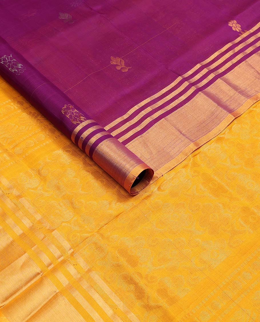 Purple floral motifs uppda saree with contrast zari border & florald design pallu