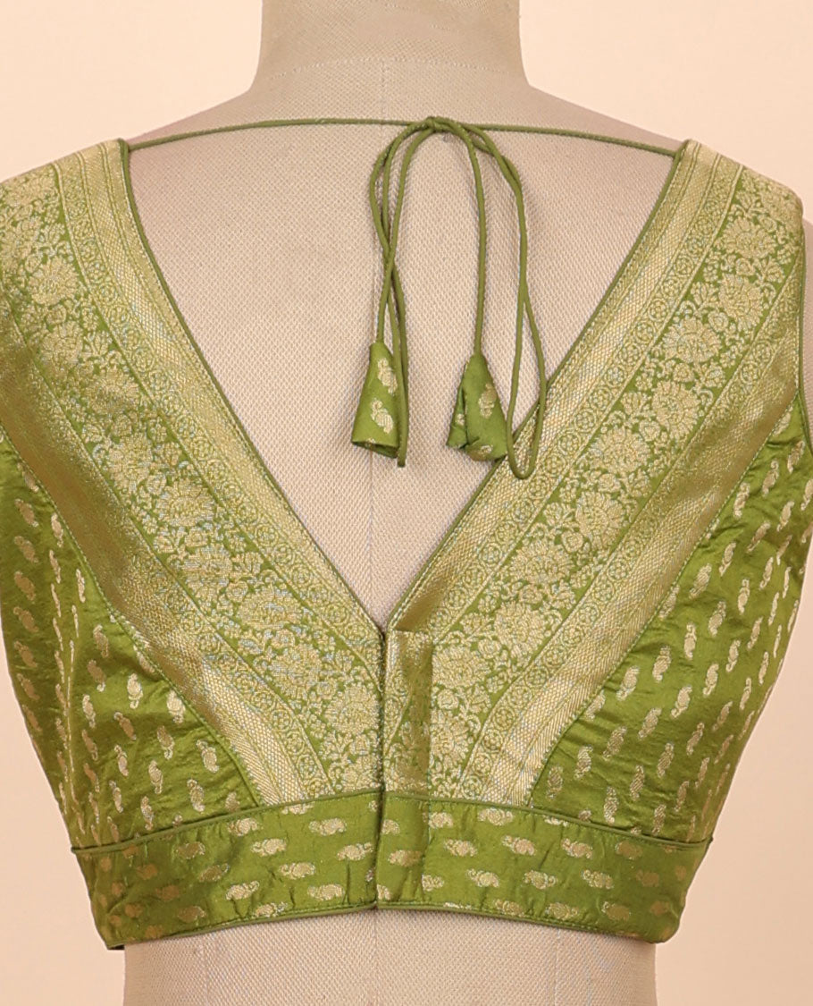 Green floral zari design front & back deep v-neck raw-silk readymade sleeveless blouse