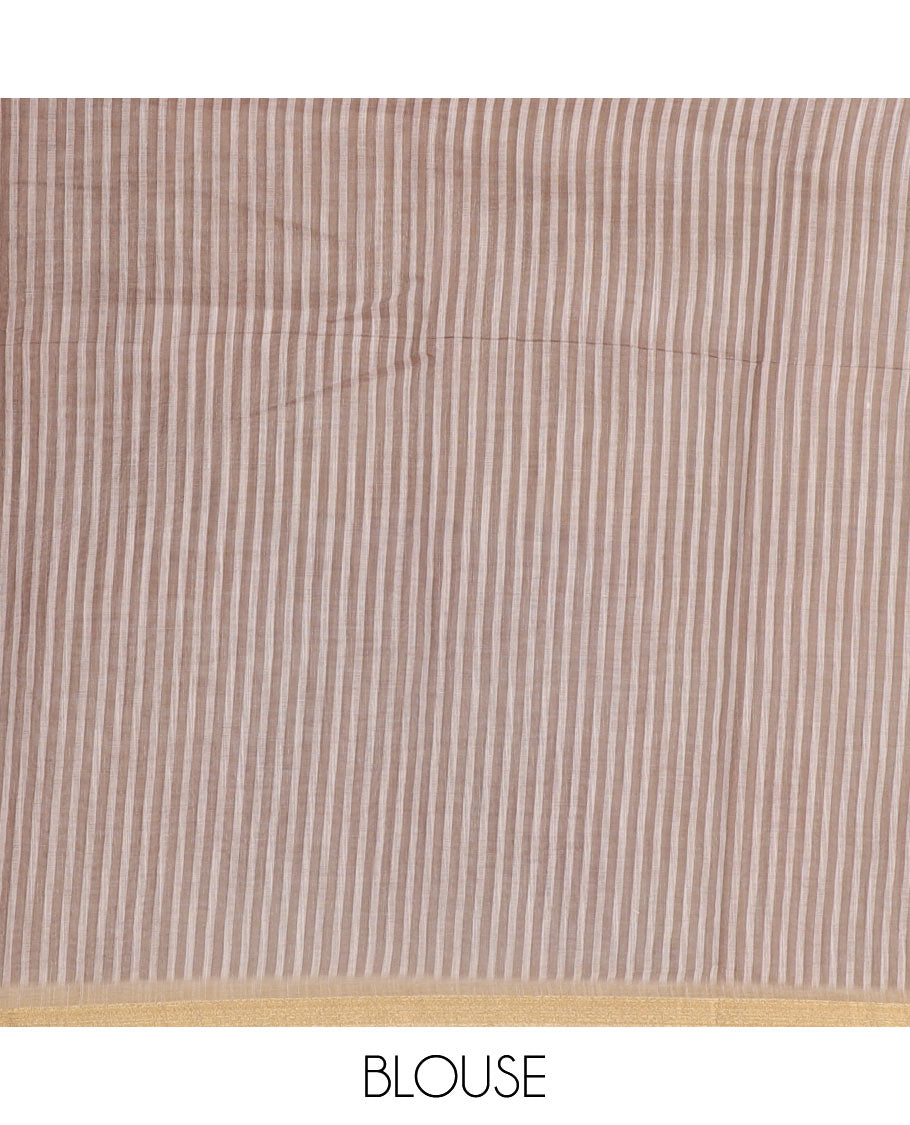 Chikku plain & giraffe motifs printed linen cotton saree, zari piping border, giraffe printed pallu & vertical striped blouse
