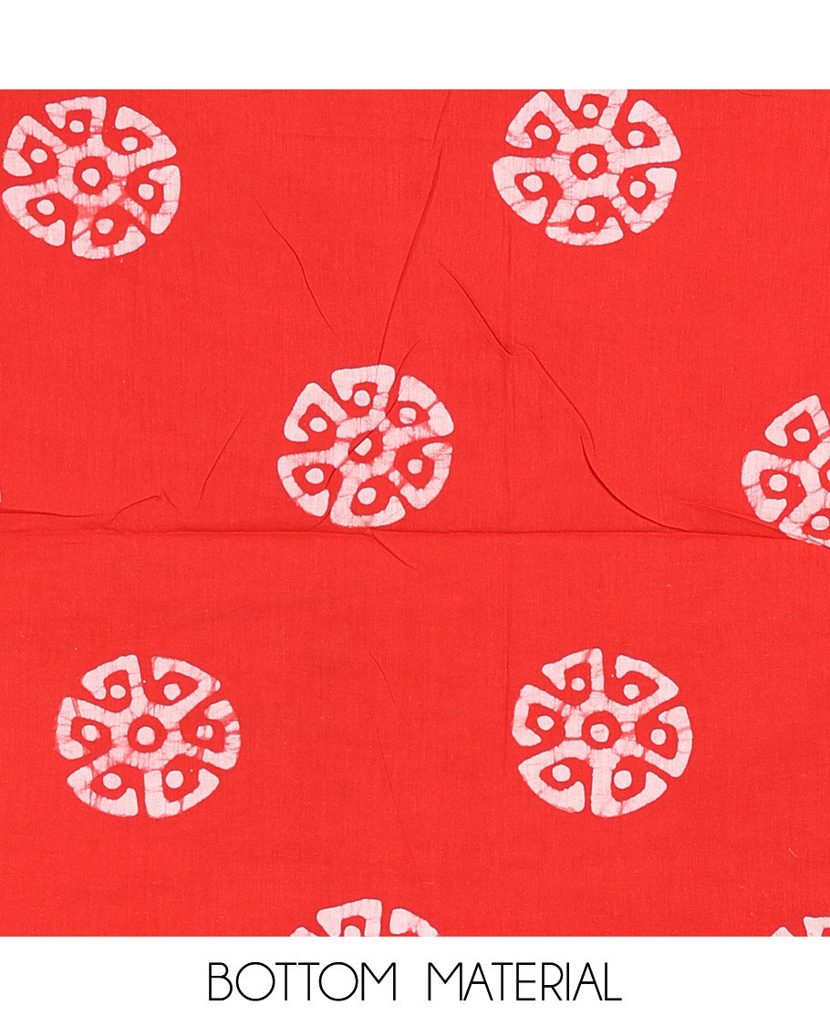 Chilli red material chudidar set, polka dots batik printed modal chanderi top, batik motifs printed bottom, and a batik motifs printed modal chanderi dupatta