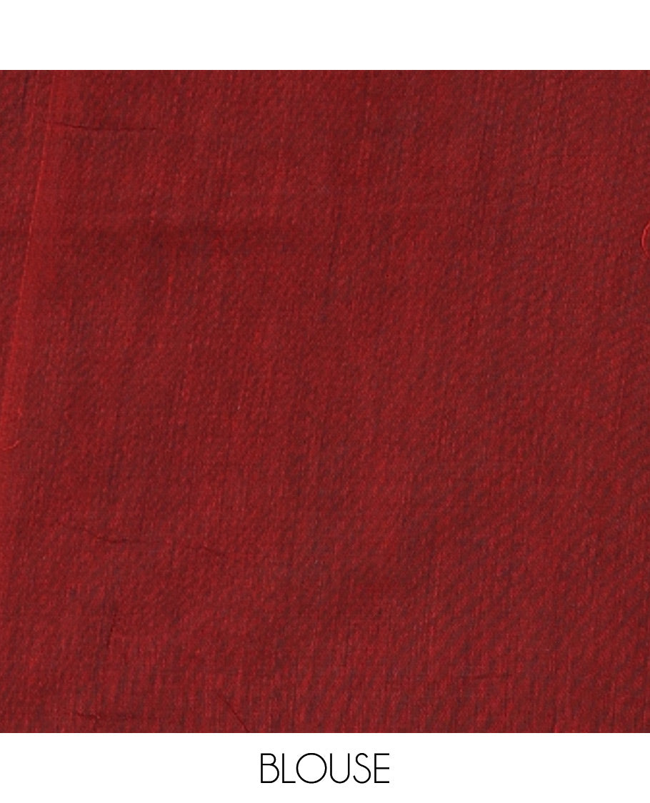 Borderless maroon vertically striped khadi cotton saree, contrast grey plain pallu & matching plain blouse