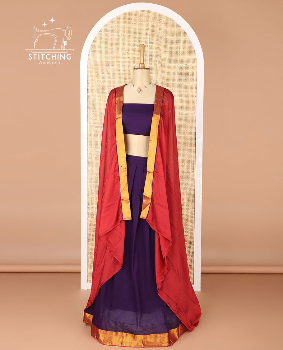 Violet mercerised cotton daman zari border half saree with cotton blouse & skya georgette one side zari border dhavani