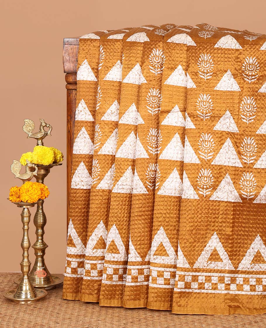 Mustard batik-style triangle & floral printed litchi crushed saree,self-border,geometric print pallu & triangle motif printed blouse