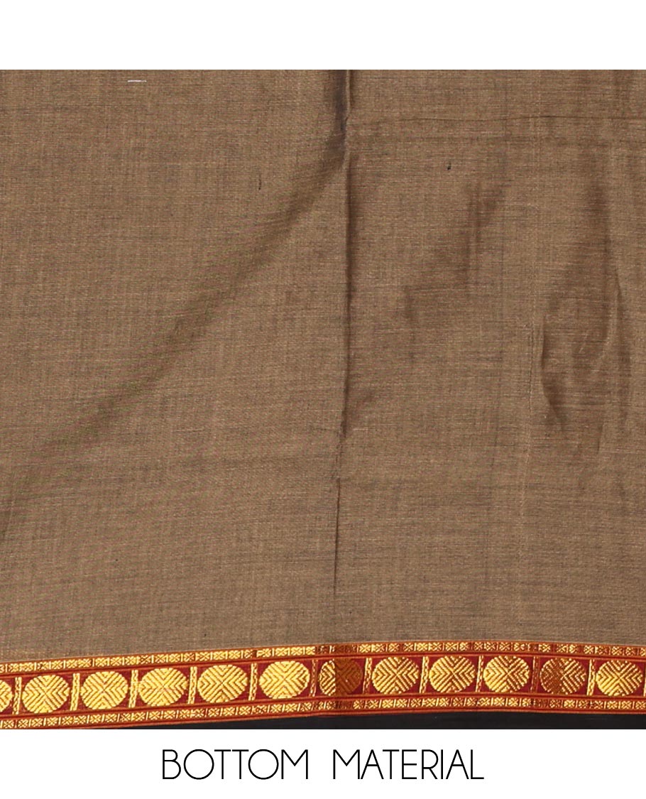 Walnut brown mercerized cotton material chudidar set,plain contrast traditional rudraksham border top,matching bottom & 2-sided rudraksham border dupatta