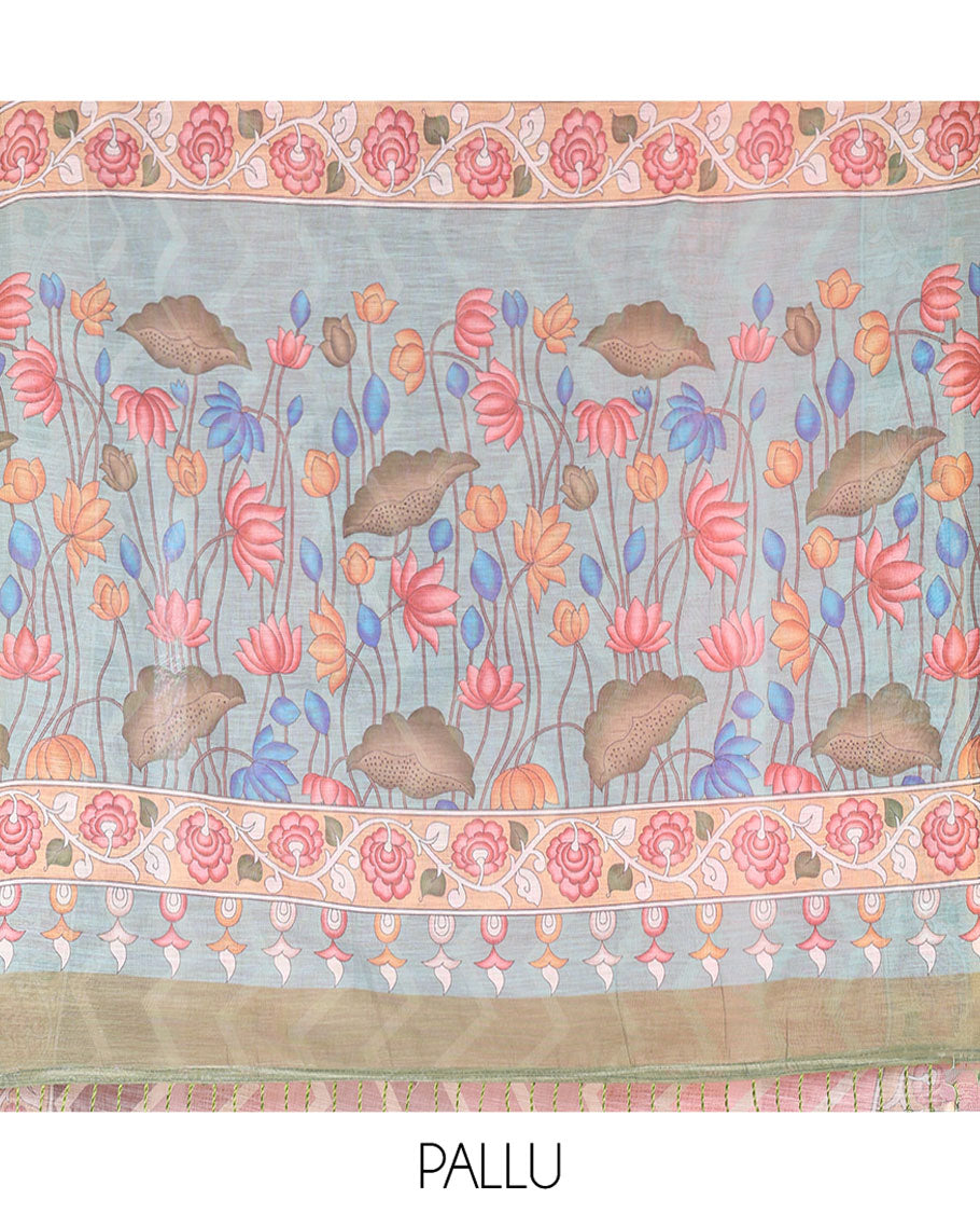 Multi-color Linen Cotton Saree, Adorned with Chevron Stripes Printed All Over Its Body, Complemented by a Contrast Floral Creeper Printed Border, Pallu Pictures Pichwai Lotus Print, and Paired with a Lotus Printed Blouse