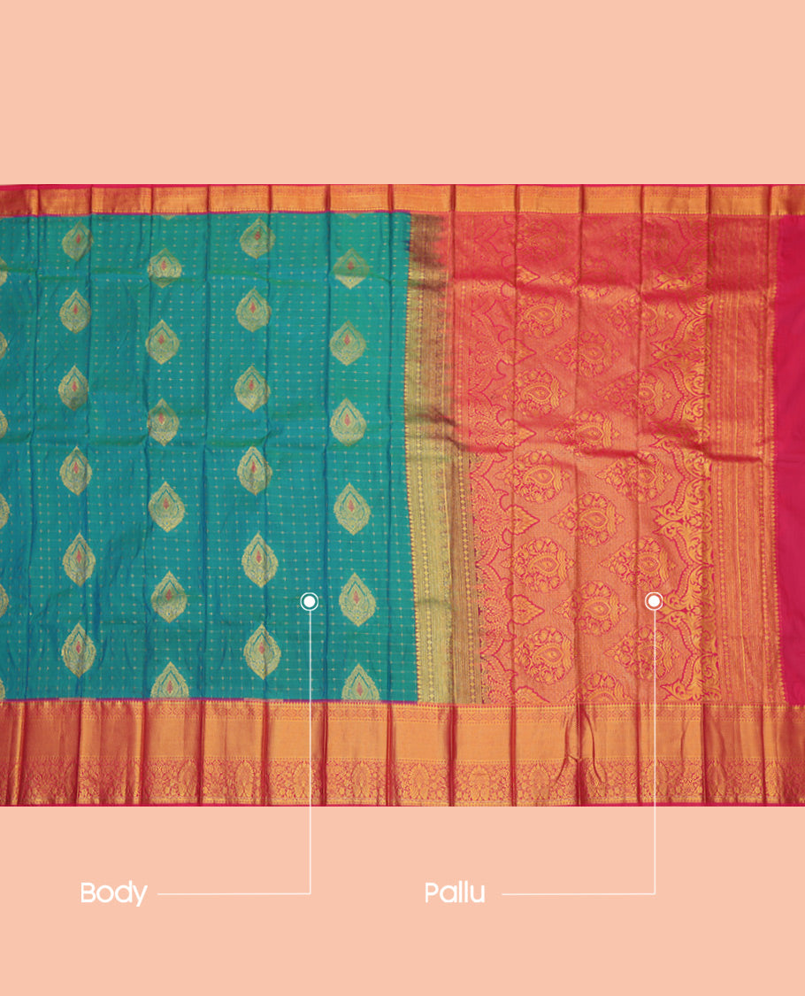 Blue Budget Silk Saree, Accentuated with Zari Buttas, a Contrast Traditional Zari Border, Grand Pallu, and a Contrast Blouse