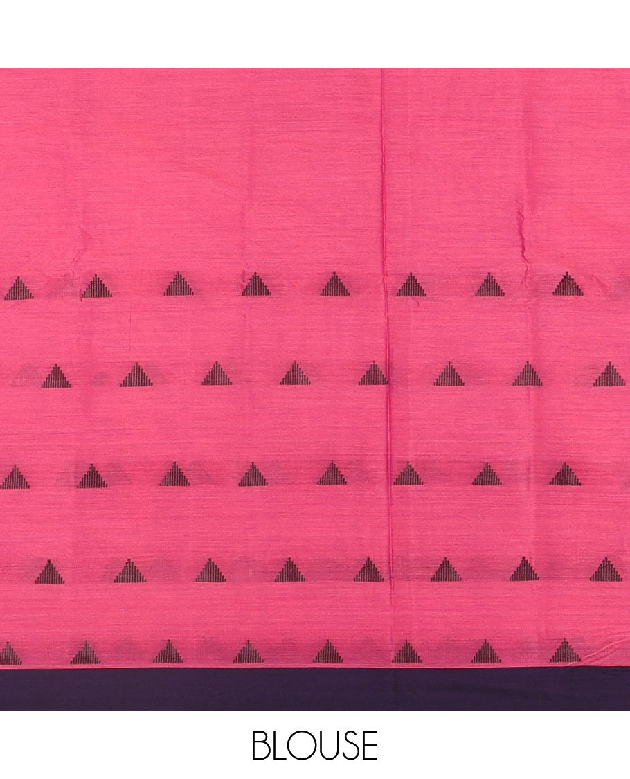 Pink triangle motifs mercerised cotton saree, contrast plain border, striped pallu, and matching triangle motifs blouse