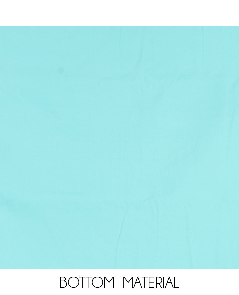 Aqua green material churidar set, stone work with Schiffli style embroidered georgette top, American Crape bottom, and polka dotted printed mirror work dupatta