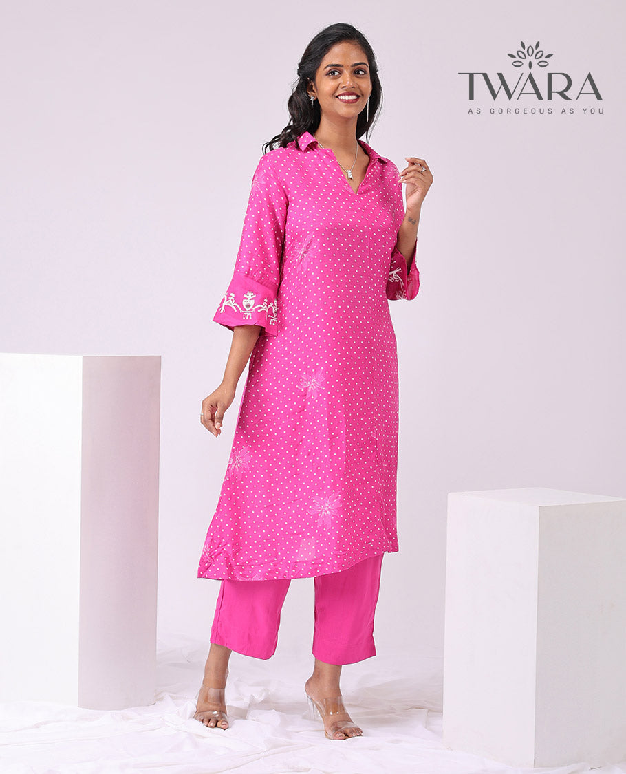 Twara Pink polka dot design v neck, 3/4 th sleeve , below knee lenght kuti with straight pants & floral design dupatta
