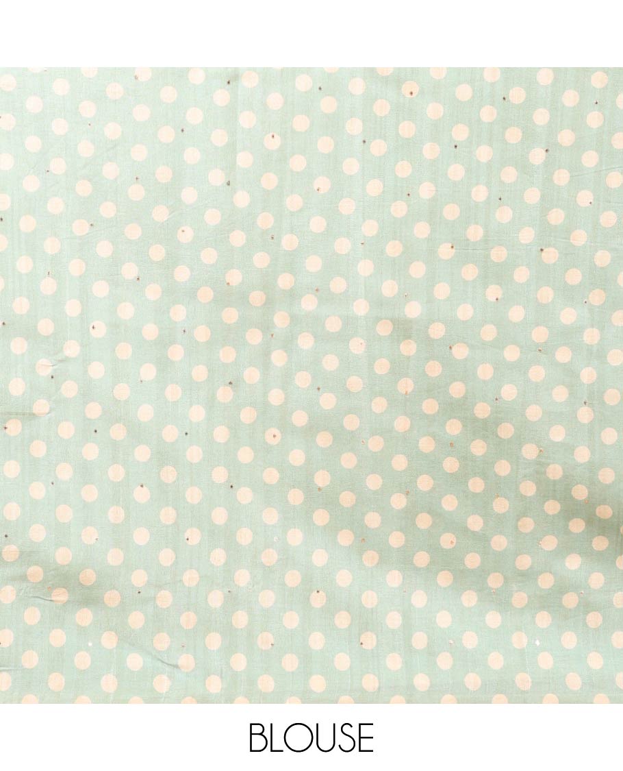 Green geometrical print, zari butta fancy tussar saree with polka dot border & polka dot pallu along with polka dot blouse