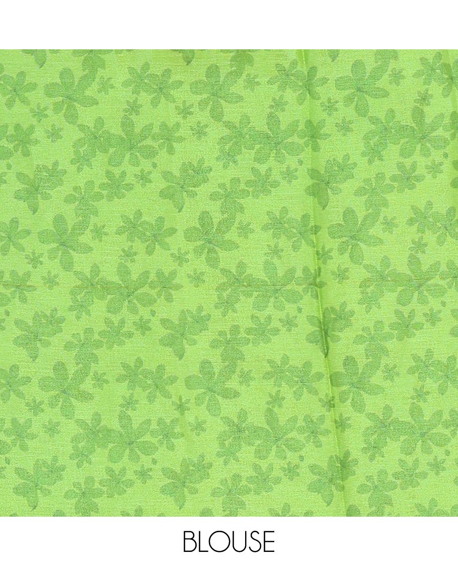 Borderless parrot green plain design viscose saree, flower motifs printed matching blouse