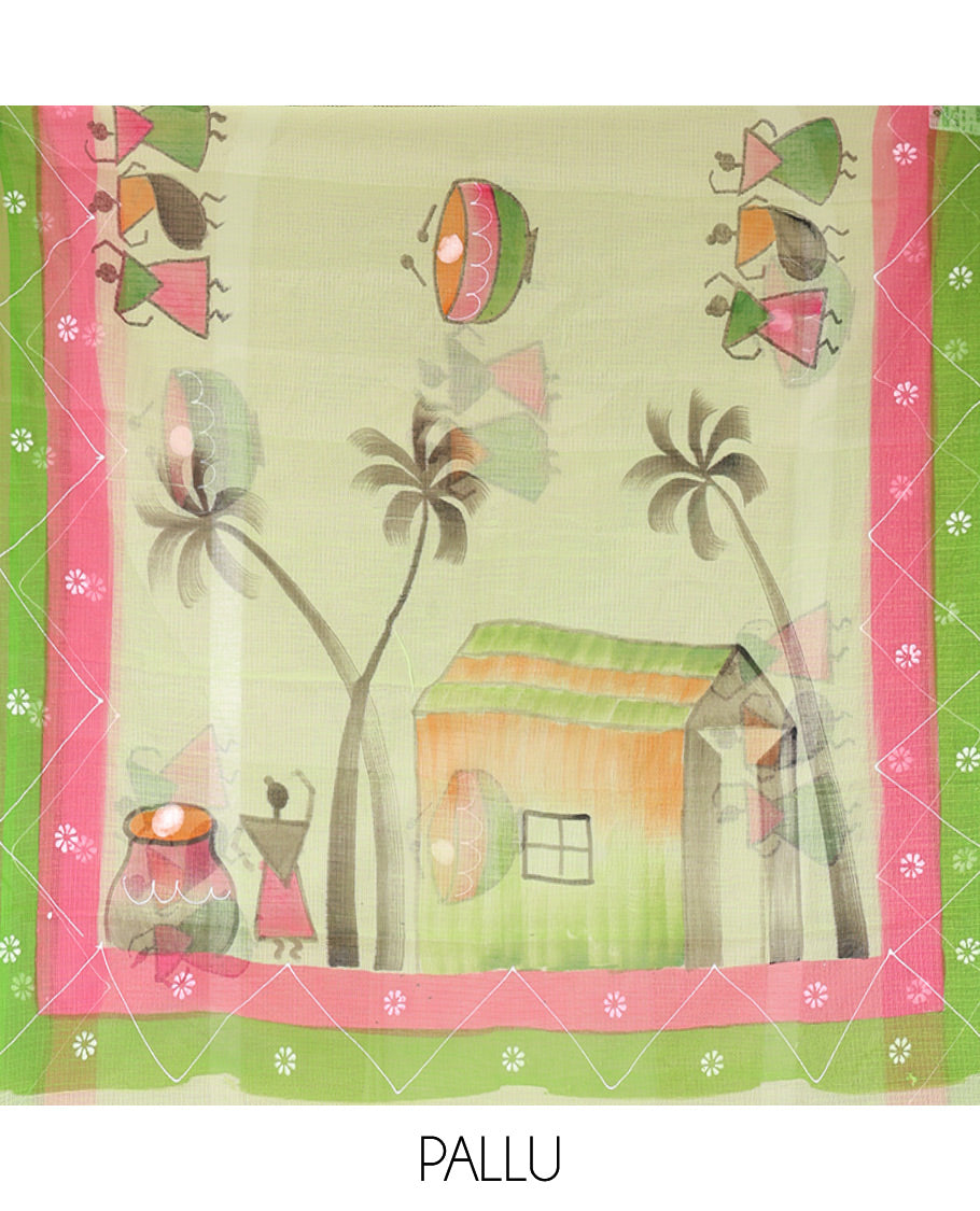 Parrot Green Kota Doria Saree with Artful Warli Print, a Contrast Border, Village Printed Pallu, and a Matching Blouse