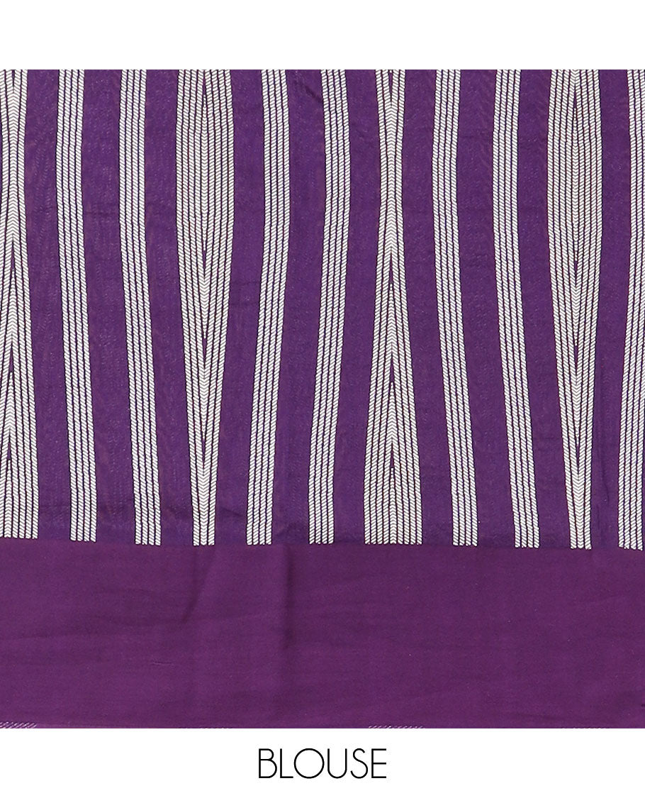 Violet geometric design mushru silk saree with self plain border & striped pallu