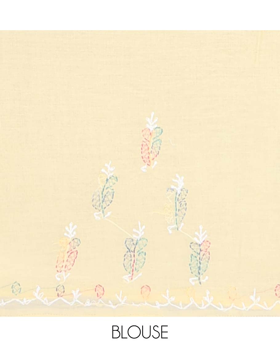Pastel yellow floral motifs embroidery chikankari cotton saree with self floral border & paisley, floral embroidery pallu