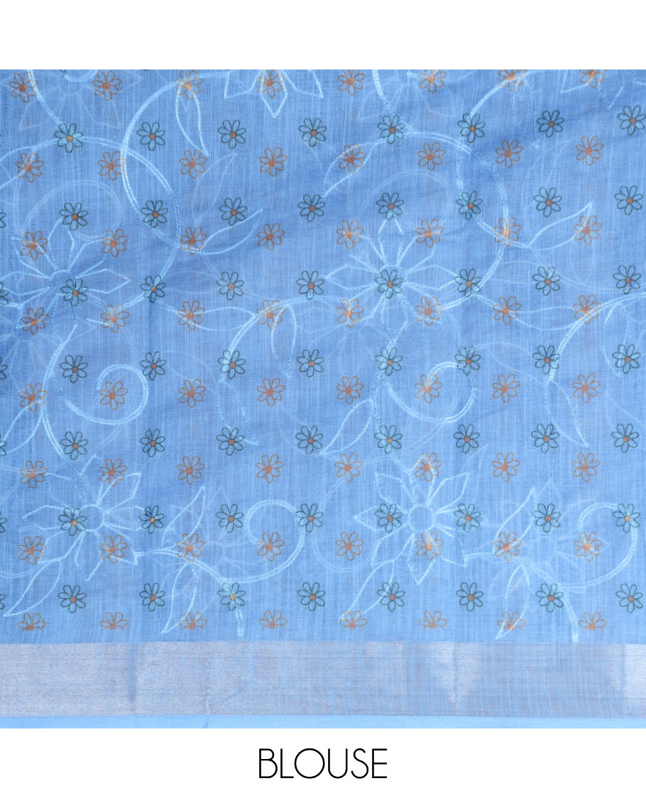 Blue floral buttas embroidery linen saree with bhavanji border & self pallu along with butta printed blouse