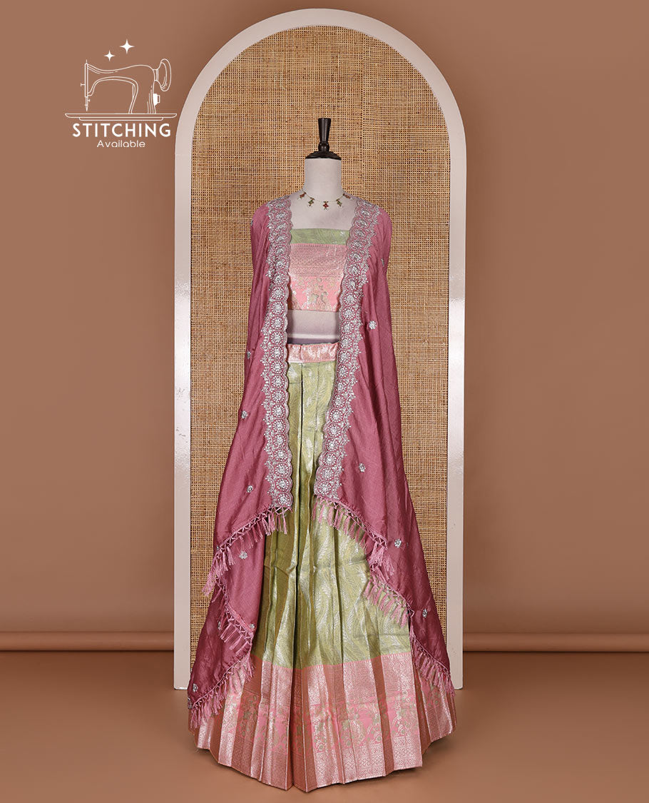 Light green-pink banaras tissue half saree, jacquard with contrast traditional zari bordered skirt, matching blouse, and Vichitra silk embroidered dhavani