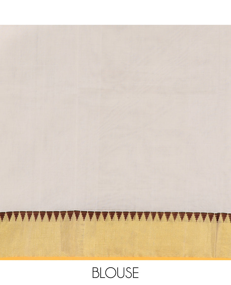 White kasavu saree with contrast temple border & traditional temple pallu, thread design