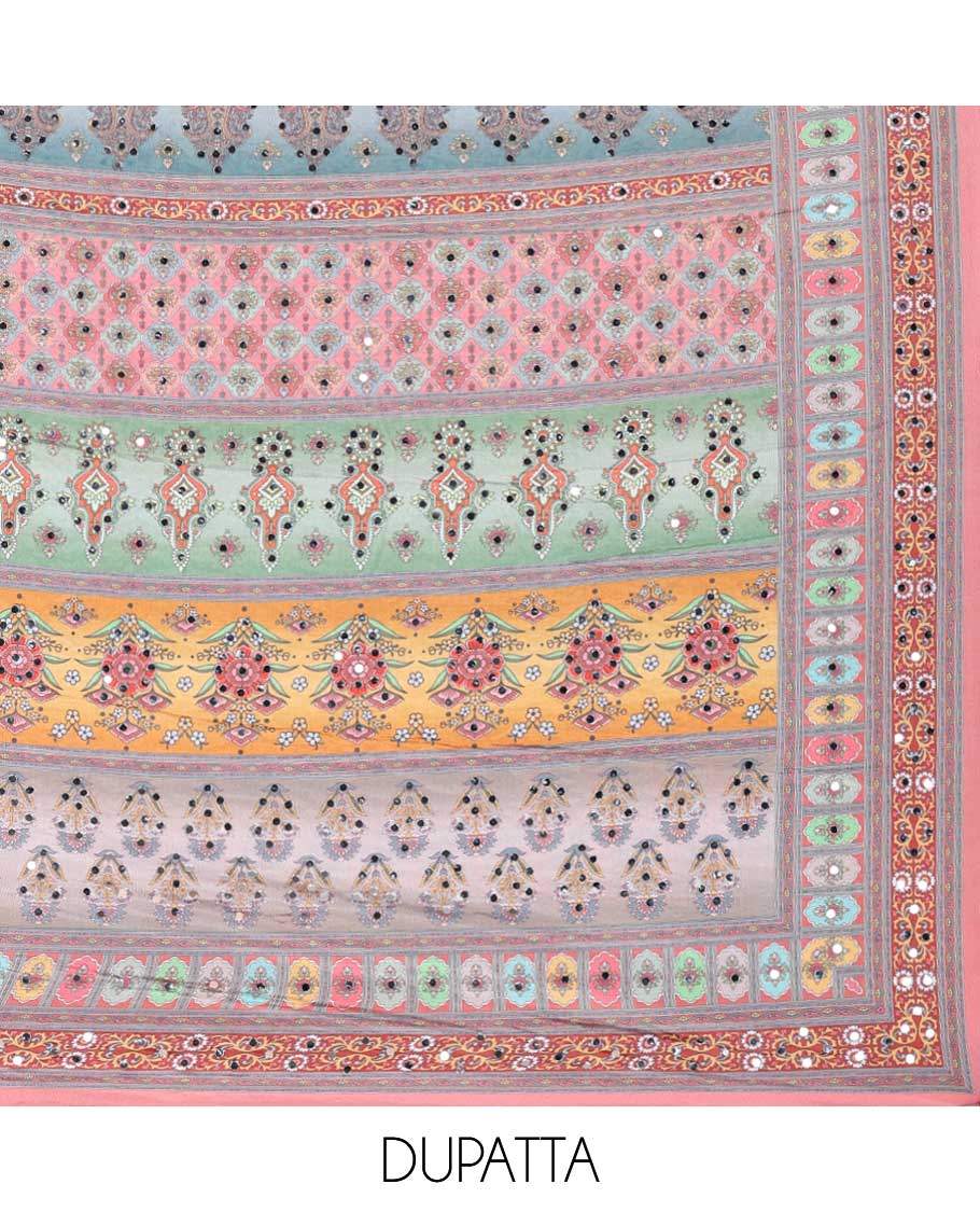 Onion pink georgette shifli sequins, stone, moti work chudidhar material top with amercial crepe pant & digital print, mirror work dupatta
