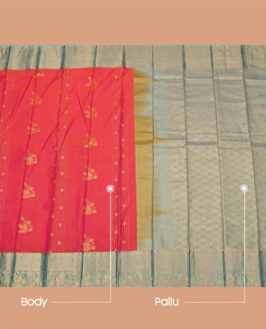 Pink Budget Silk Saree, Detailed with Zari Buttas, Complemented by a Contrast Traditional Zari Border, Grand Jaal Pallu, and a Contrast Blouse