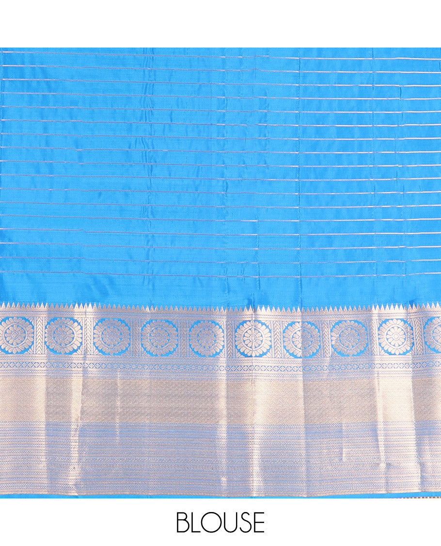 Blue Vasundhara Lite-Silk Mix Saree, Artfully Woven with Snowflake Buttas Enclosed Checks, Highlighted by Zari Border of Rekku, Chakram, Kathir, and Diamond Designs, Gleaming Jaal Pallu, and Paired with a Matching Blouse