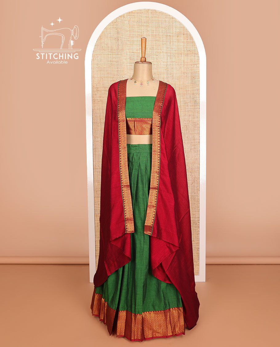 Dark green cotton half saree with contrast traditional zari design border, zari design blouse & plain, zari design border dhavani