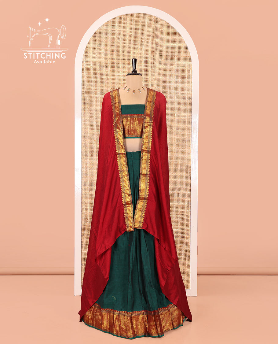 Bottle Green Mercerised Cotton Half-Saree Features Plain with Contrast Traditional Zari Temple Bordered Skirt, Paired with a Matching Blouse, and Comes with a Contrast Zari-Bordered Dhavani