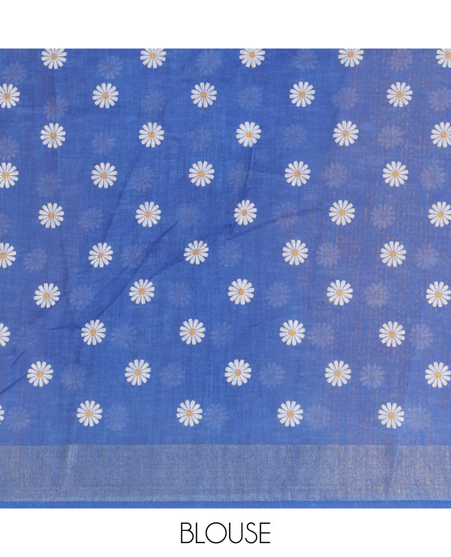 Ink blue sunflower motif printed linen saree, silver zari plain border & small sunflower motif print blouse