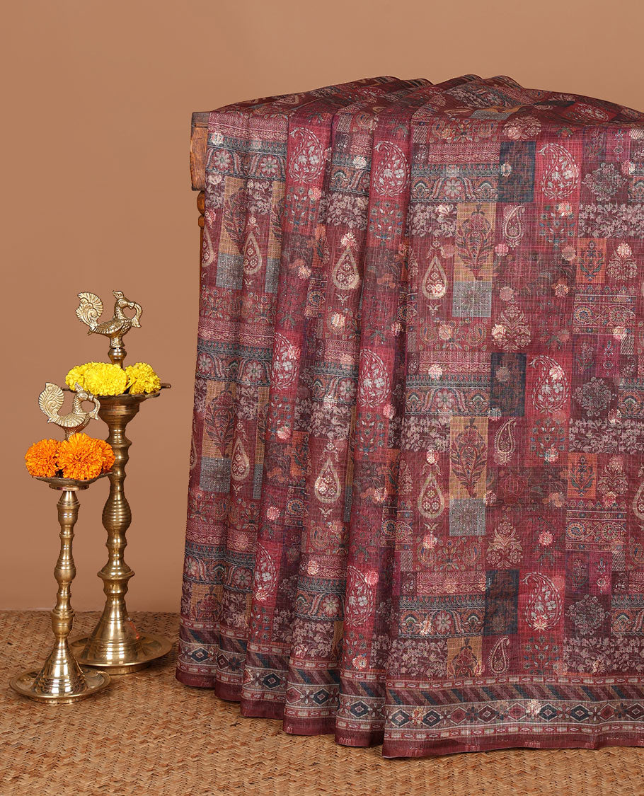 Maroon butta digital printed jaipuri kota saree with printed border & printed pallu along with butta design printed blouse