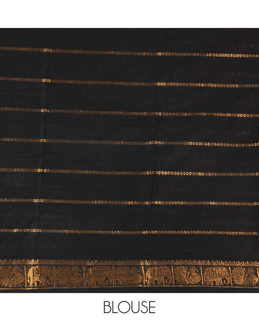 Mustard veldhari zari striped Sungudi cotton saree, contrast peacock and elephant motif border, striped pallu, and contrast zari design blouse