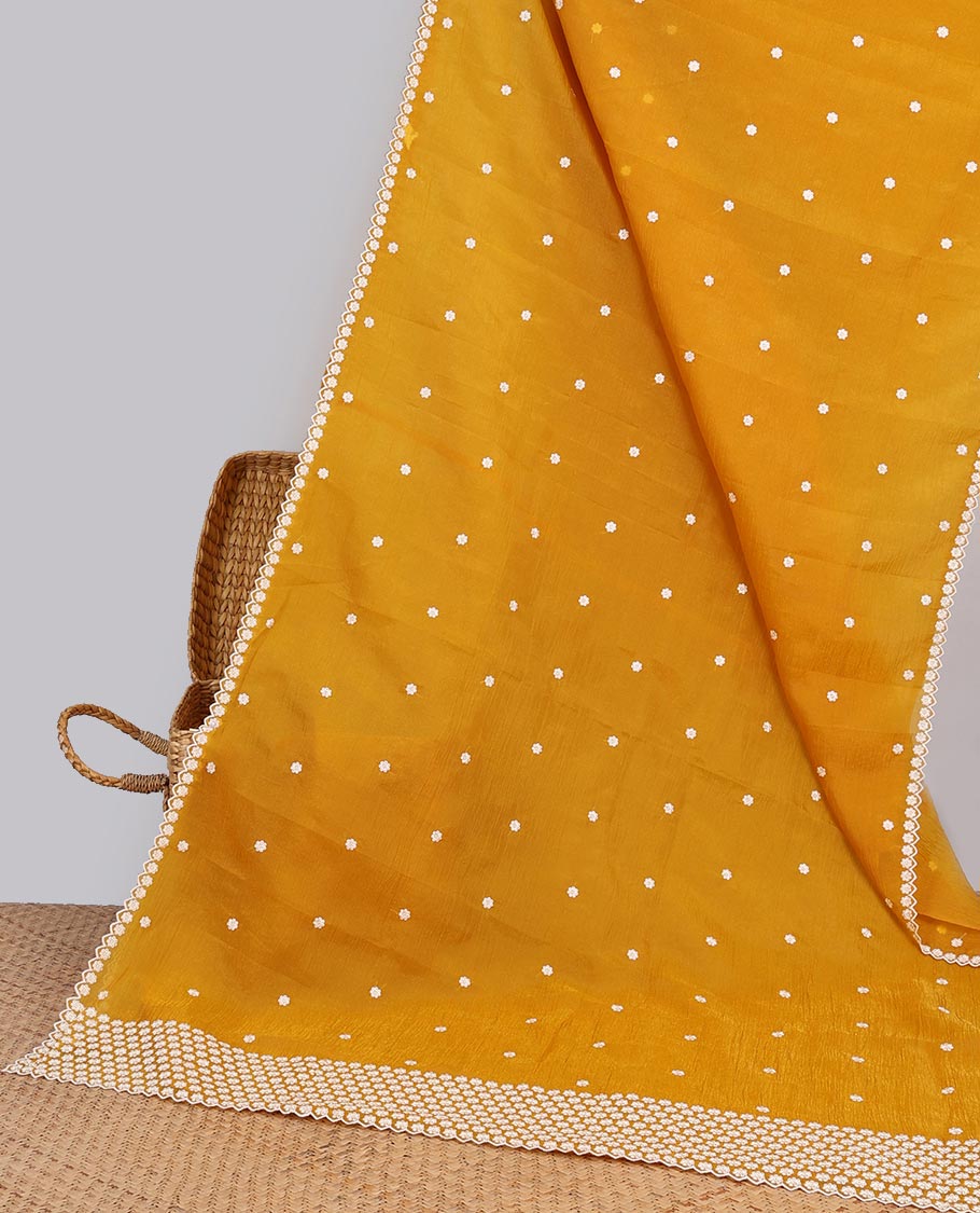 Pink Crushed Tissue saree with scallop motif border and intricate motif embroidery pallu