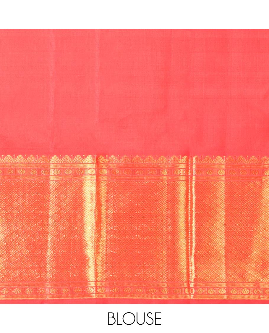 Red floral vine design kanchipuram silk saree with self border banaras, muthu, paun, checked design border & zari design pallu