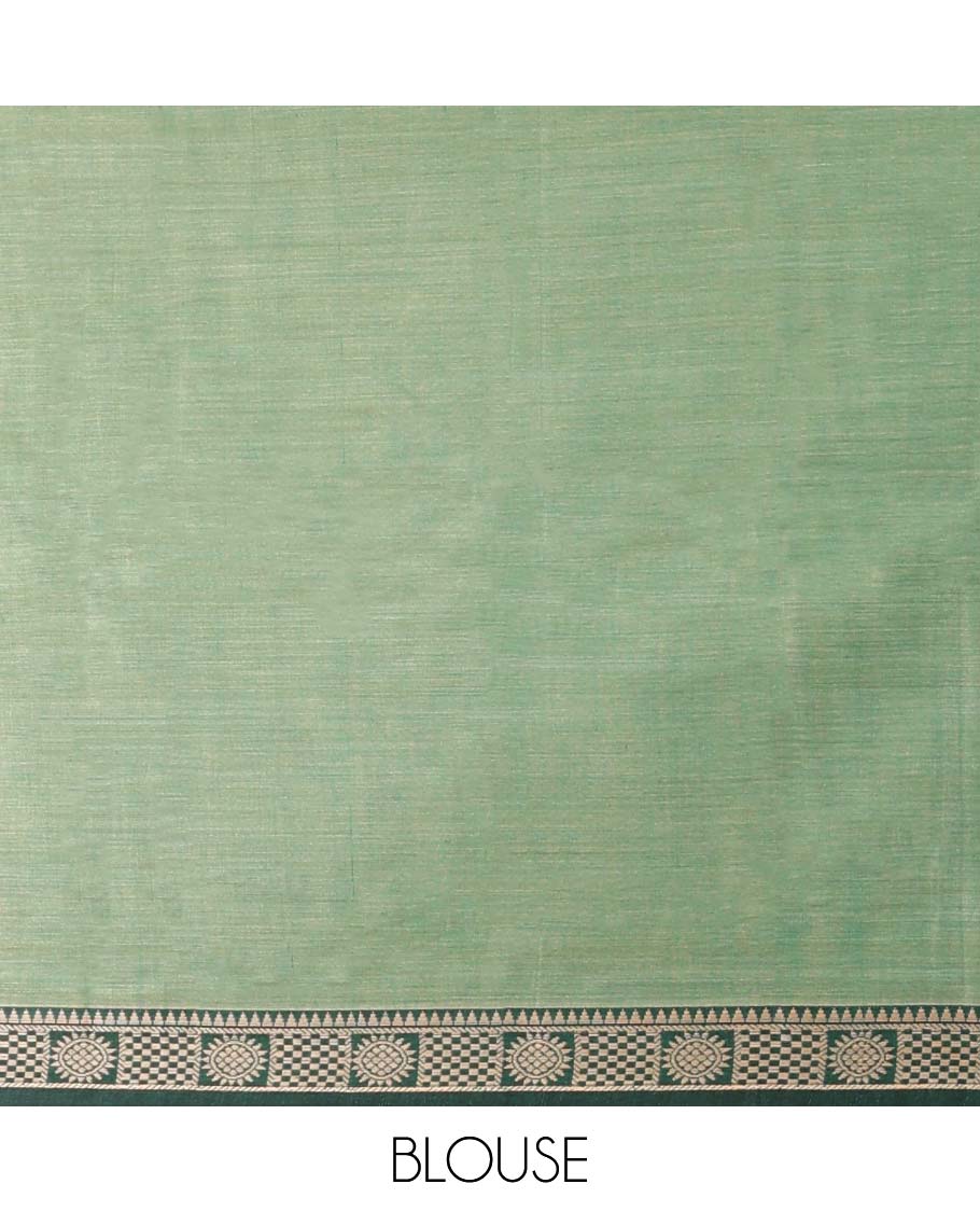 Green plain Narayanapet cotton saree, contrast chakram and bentex design border & striped pallu