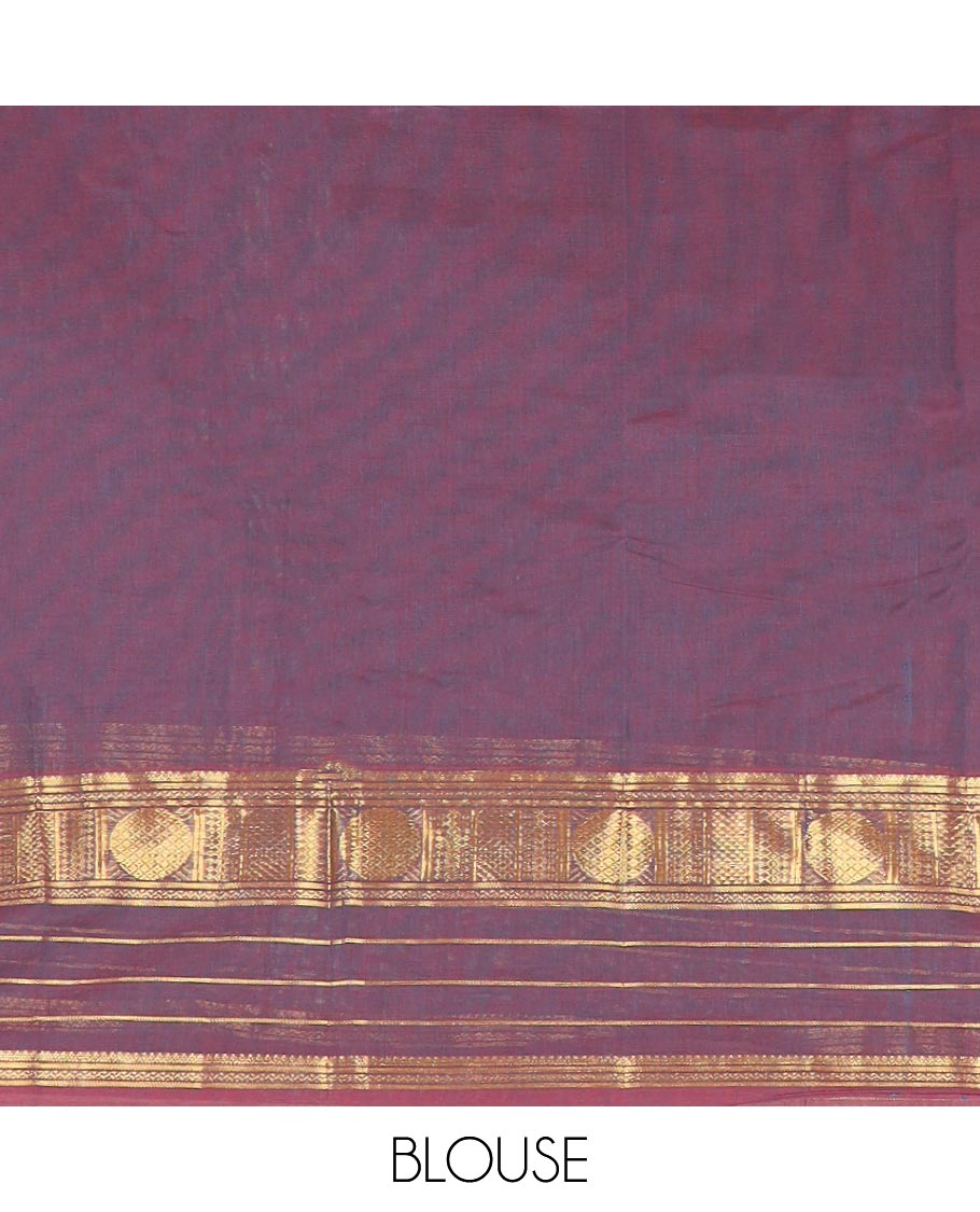 Violet geometric design kanchi cotton saree with contrast zari design border & striped pallu