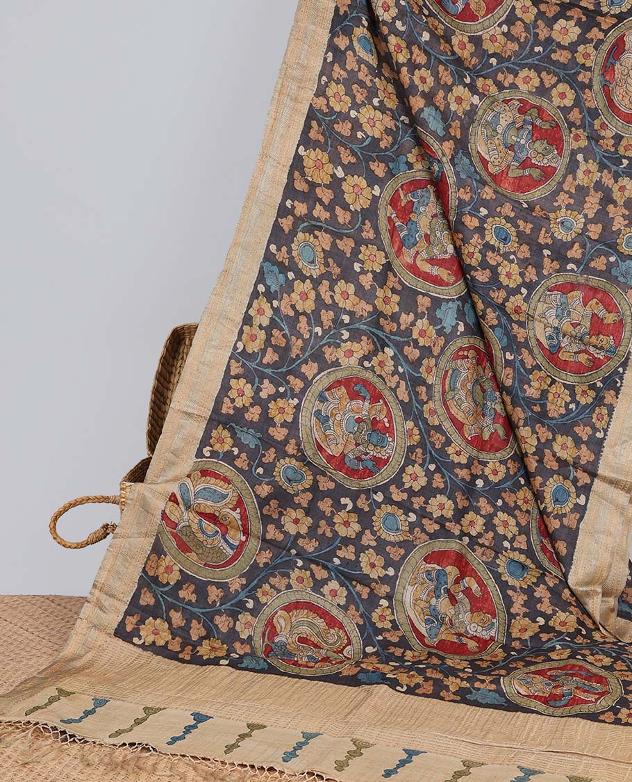 Grey floral, human design handpainted pen kalamkari silk saree with contrast plain border & striped pallu