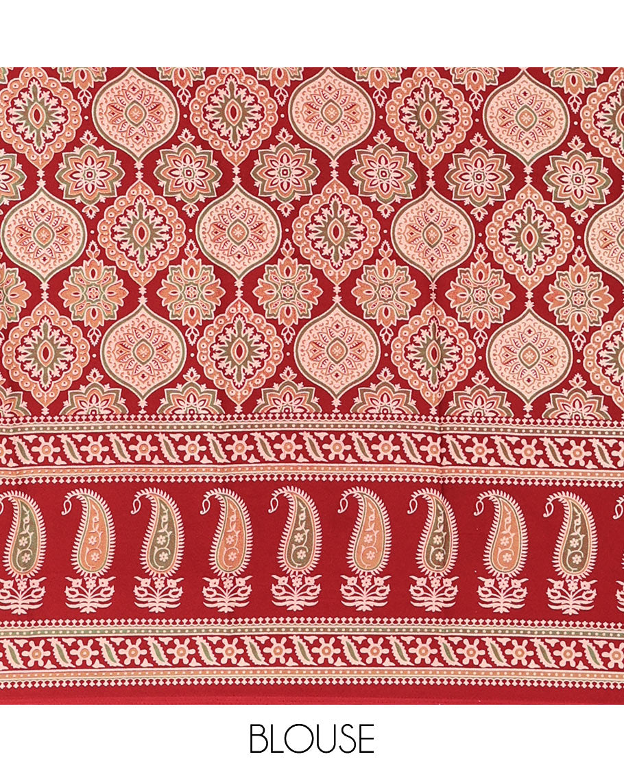 Maroon plain gajji silk saree with ajrak printed border, ajrak printed geometric pallu, and printed blouse