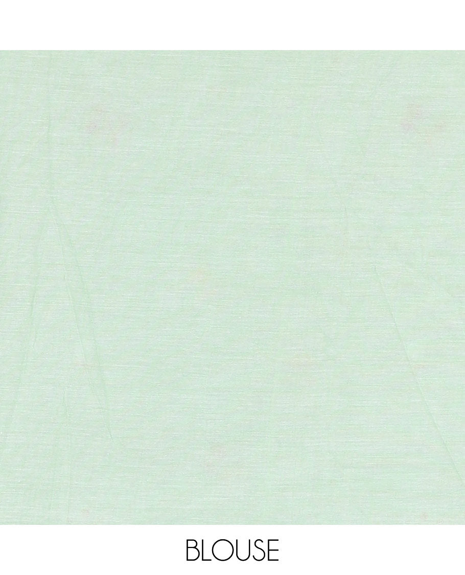 Borderless pista green floral motifs thread embroidered khadi mul cotton saree, floral motifs thread embroidered pallu, and a matching plain blouse