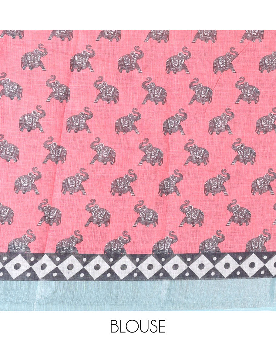 Blue plain linen cotton saree, silver zari border of elephant motifs print, elephant motifs pallu, and a contrast elephant motifs printed blouse