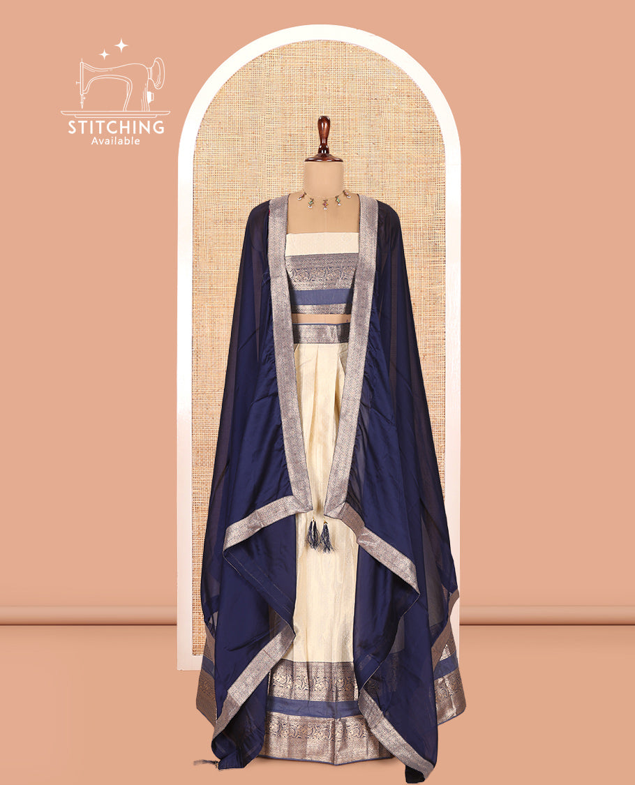 Cream-Navy Blue Semi-Silk Half-Saree