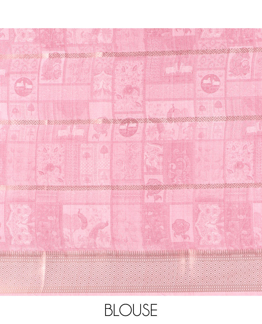Onion color architechtural elements, figure zari design dola silk saree with architechtural elements border & architechtural elements figures pallu along with printed pallu