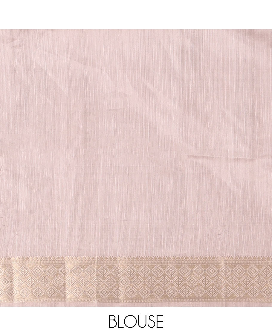 Light peach floral motifs printed fancy tussar saree, ogee patterned zari border, plain pallu, and plain matching blouse