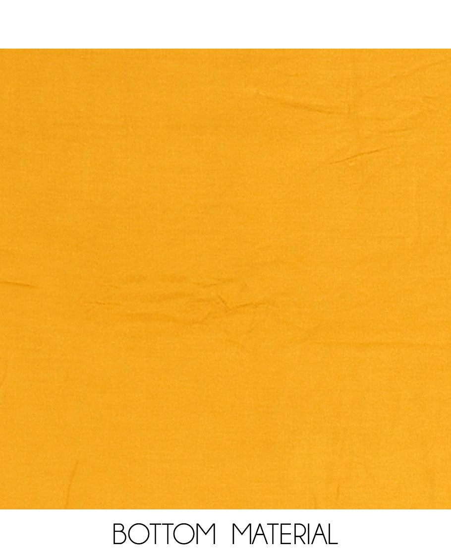 Mustard pure cotton material chudidar set, floral print with French knot and bead work top, plain cotton bottom, and floral-geometric printed dupatta