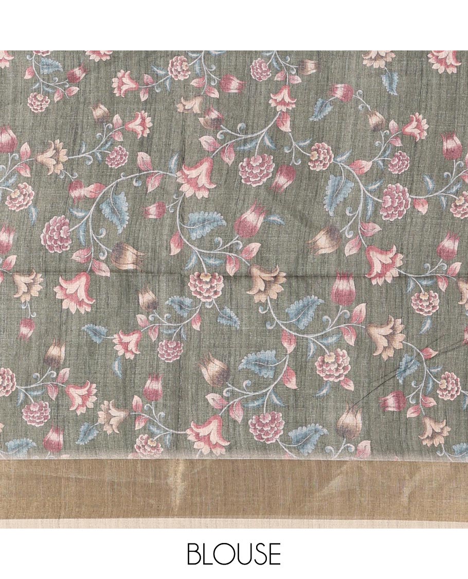 Green vertical stripes printed hand-brush dyed Katan silk saree, gold zari bavanji border, Madhubani-style human figurines printed pallu, and floral printed blouse