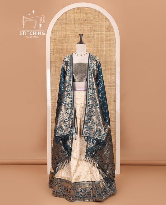 Cream-persian blue semi-banaras half-saree, floral jaal jacquard & contrast traditional zari border skirt, floral jacquard blouse & contrast zari design blouse