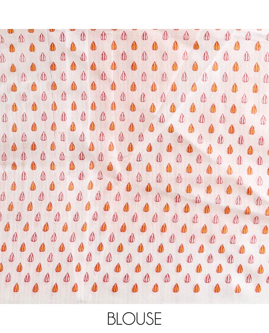 Cream-red full-plain khadi cotton saree, double-sided floral vine printed border, floral printed border, and drop butta printed blouse