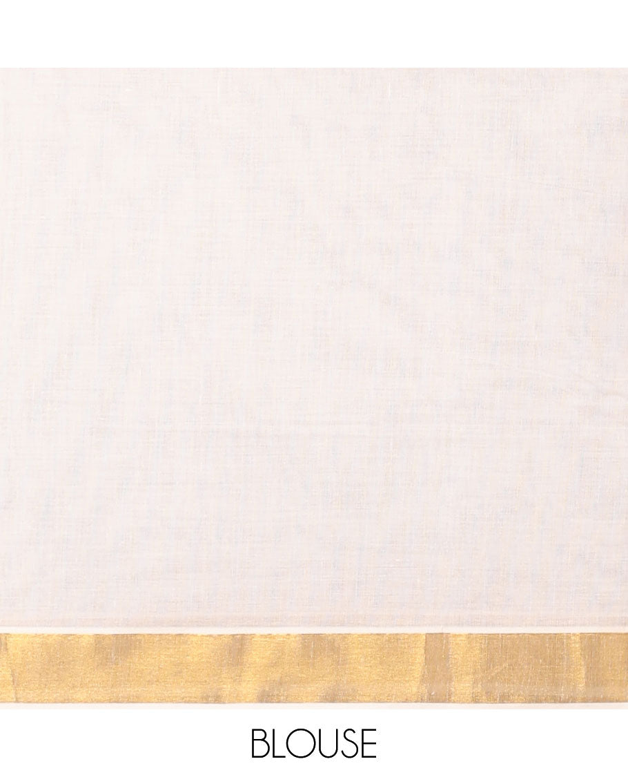 Cream kerala saree with zari stripes, zari border & pallu of floral designs in zari