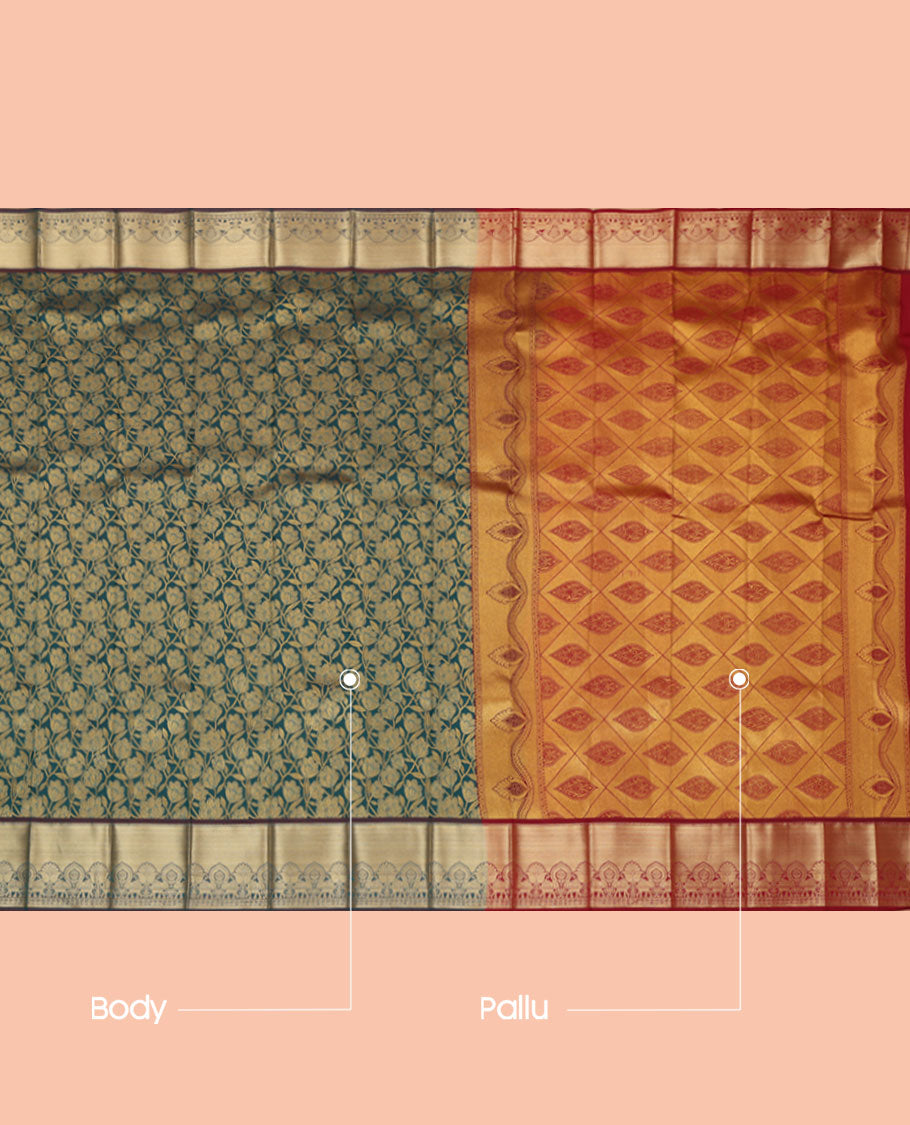 Green Budget Silk Saree, Accentuated with Jacquard Design, a Contrast Traditional Zari Border, Grand Pallu, and a Contrast Blouse