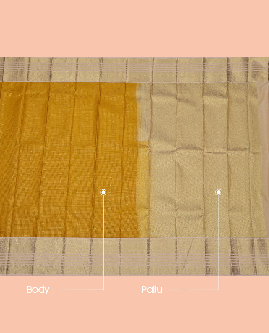 Yellow Budget Silk Saree, Sparsely Woven with Zari Buttas and Zari Checked on Its Body, Complemented by a Contrast Traditional Zari Design Border, Grand Pallu, and Paired with a Contrast Blouse