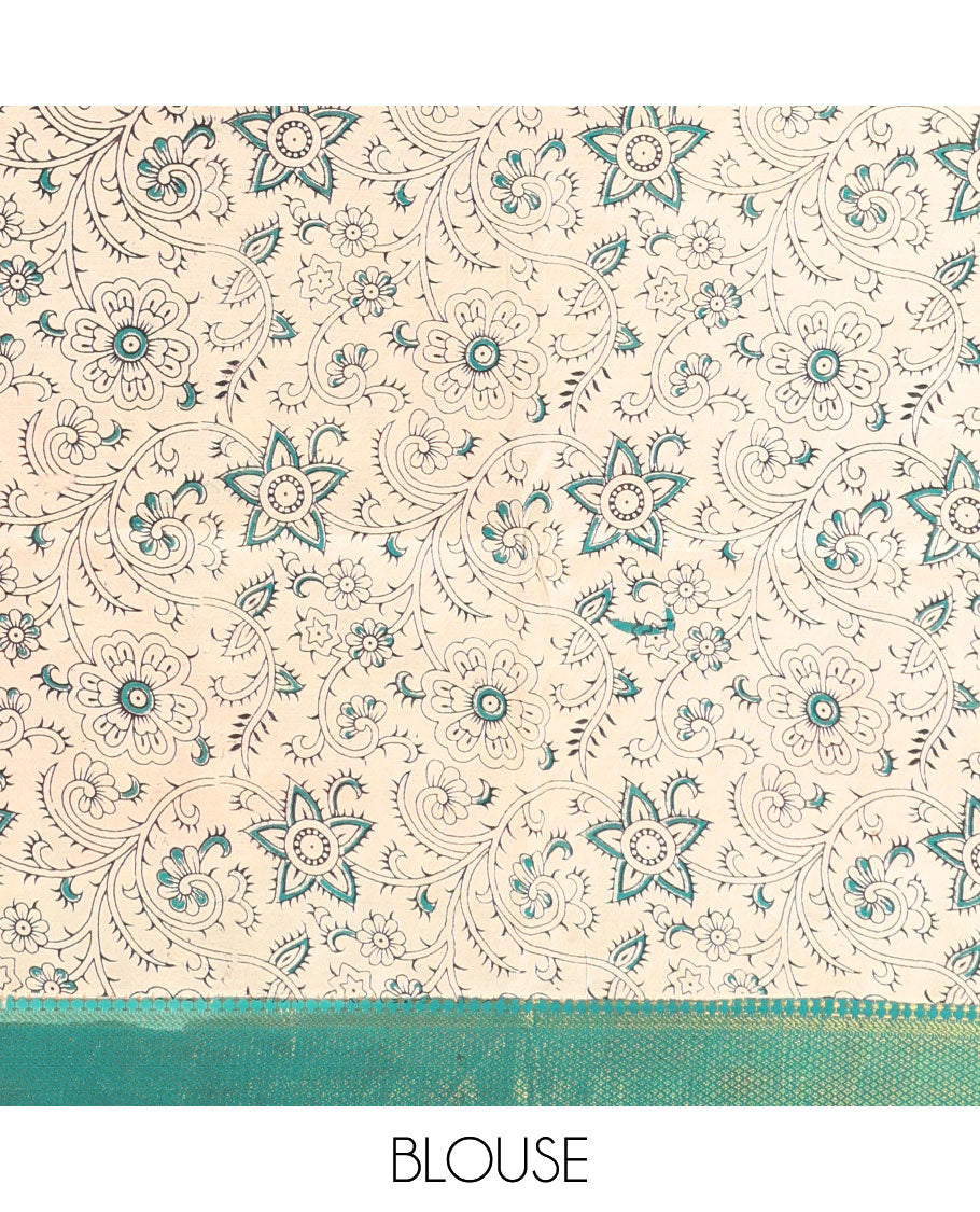 Cream floral vine design machine-printed kalamkari cotton saree with contrast zari design border & animal motifs pallu