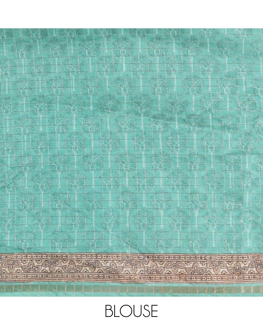 Rama green3D-dying with bandhani printed design kota saree , self printed border , radhe and kalamkari style printed pallu & contrast printed blouse